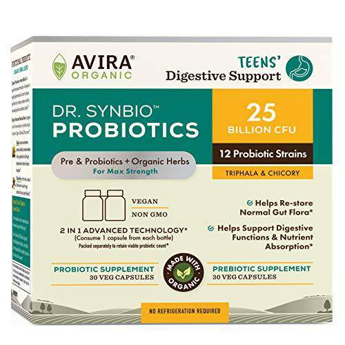 Dr Synbio Teens Digestive Support Probiotics & Prebiotics – Triphala, Chicory, 25 Billion CFU, 12 Multiple Strains, Helps Support Nutrient Absorption, Restore Normal Gut Flora