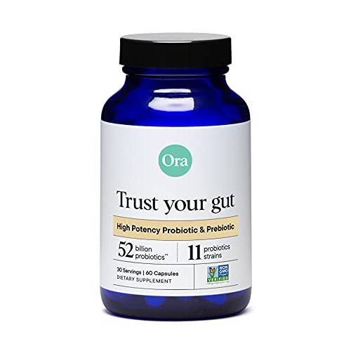 High Potency Probiotic and Prebiotic, Trust Your Gut by Ora, 52 Billion CFU, 11 Lactobacillus & Bifidobacterium Strains - 60 Capsules