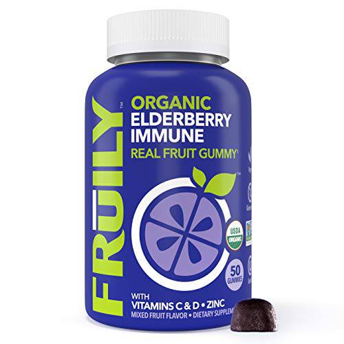 Fruily Organic Elderberry Gummies - Immune Support Supplement - Made with Real Fruit, Vitamin C & D, Zinc, All Natural Immunity Gummy, Non-GMO, Gluten-Free, Kosher, Vegan (50 Count)