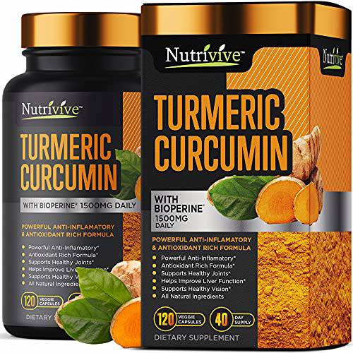 Nutrivive™ Turmeric Curcumin with BioPerine, 1500mg Black Pepper Capsules, Natural Joint & Anti Inflammatory Supplement for Joints Pain Relief & Immune Support - Turmeric Supplements 120 Capsules