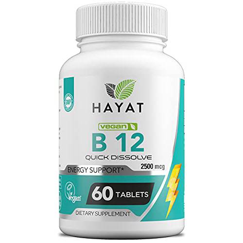 HAYAT Vitamins Vegan Natural Quick Dissolve Vitamin B12 2500 MCG, Certified Halal, 60 Tablets