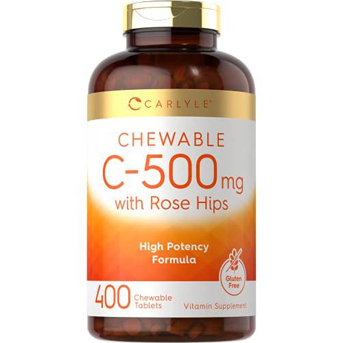 Vitamin C 500mg with Rose Hips | 400 Chewable Tablets | Vegetarian | Non-GMO, Gluten Free | by Carlyle