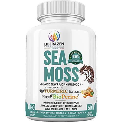 𝗪𝗜𝗡𝗡𝗘𝗥 𝟱-𝗶𝗻-𝟭 𝗦𝗘𝗔 𝗠𝗢𝗦𝗦 Organic Irish Sea Moss Pills - Dr Sebi Wildcrafted Purple Seamoss Powder with Turmeric, Burdock Root & Bladderwrack - 60 Capsules