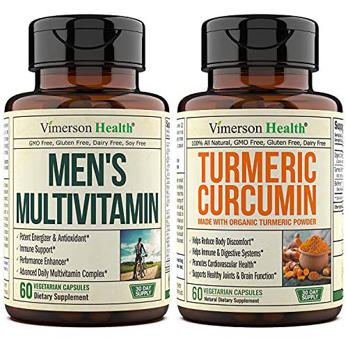 Vimerson Health Men’s Multivitamin + Organic Turmeric with BioPerine Bundle. Immune and Digestive Systems Support, Healthy Joints and Cartilage, Body Discomfort Relief, Antioxidant Properties