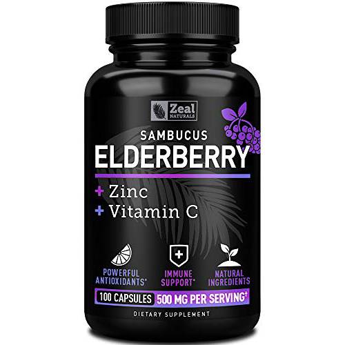 Zeal Naturals Max Strength Elderberry Capsules + Zinc + Vitamin C | 500mg for Immune System Support with Black Sambucus Elderberry | 100 Count | 3-in-1 Immune Support for Adults