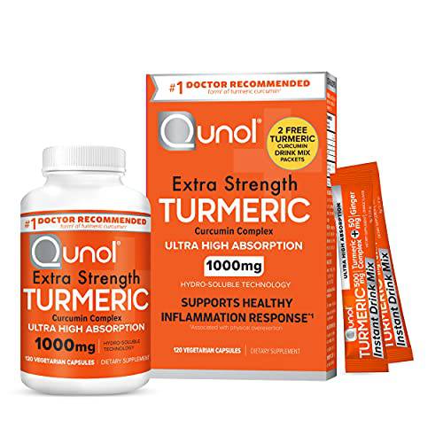 Turmeric Curcumin Capsules + Drink Sachets, Qunol 1000mg Extra Strength Supplement, Patented Hydro-Soluble Technology, Alternative to Turmeric Curcumin with Black Pepper, 120ct Veggie Capsules
