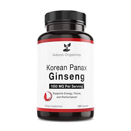 Adora Organics Korean Red Panax Ginseng 1650 mg Extra Strength Root Extract Powder with High Gineosides - Focus - Energy - Perform, 120 Vegan Capsules
