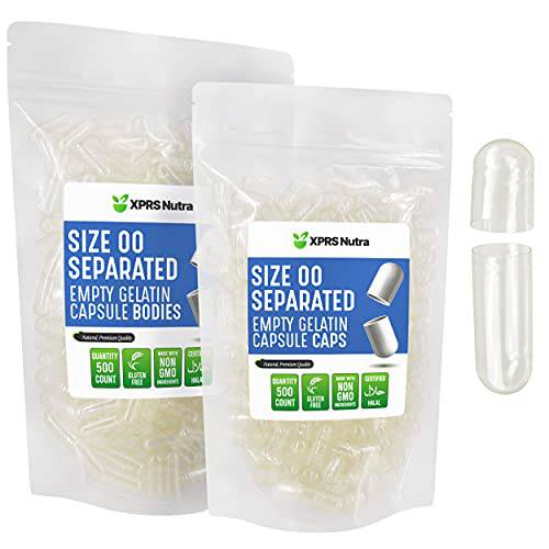 XPRS Nutra Size 00 Separated Capsules - 500 Count Gelatin Empty Capsules Separated in Bags - Clear Empty Capsules - Separated Empty 00 Capsules - Pill Capsules Empty for DIY Supplement Filling