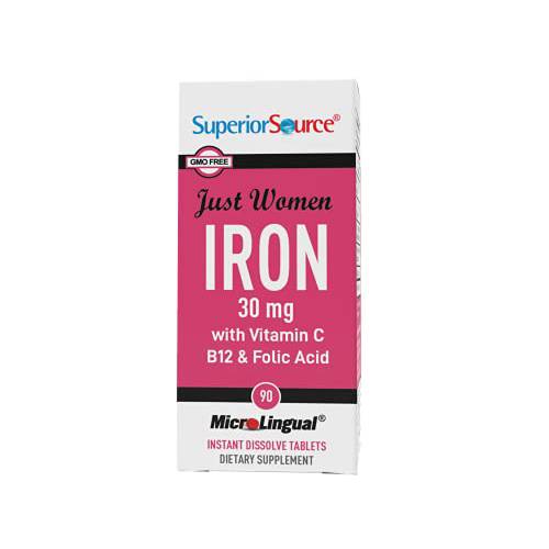 Superior Source Just Women – Iron (Ferrous Fumarate) 30 mg, With Vitamin C 100 mg, B12 500 mcg & Folic Acid 400 mcg, Quick Dissolve Sublingual Tablets, 90 Ct, Assists Red Blood Cell Formation, Non-GMO