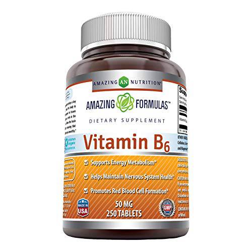 Amazing Formulas Vitamin B6-50mg 250 Tablets Dietary Supplement-Supports Healthy Nervous System,Metabolism & Cell Health(Non GMO,Gluten Free)