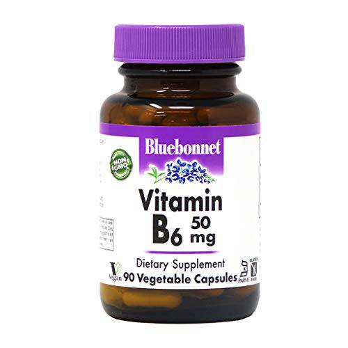 Bluebonnet Nutrition Vitamin B6 Vegetable Capsules, 50 mg, For Cardiovascular and Nervous System Health, Soy Free, Gluten Free, Kosher, Dairy Free, Vegan, Non-GMO, 90 Vegetable Capsules, 90 Servings