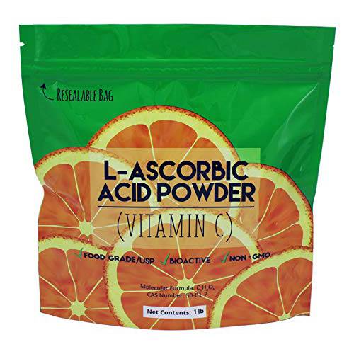 L-Ascorbic Acid Powder 99+% Food Grade USP36/BP2012 Naturally Fermented Pure White Crystals Form of Vitamin C, 1 lb.