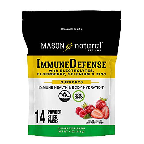 Mason Natural Immune Defense with Electrolytes, Elderberry, Selenium and Zinc - Supports Immune Health, Nutritious Body Hydration, Mixed Berry Drink Mix, 14 Quick Dissolve Stick Packs