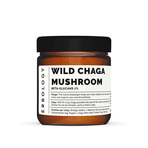 Erbology 100% Organic Chaga Mushroom Powder 1.8 oz - 7% Beta-glucans - Immunity Support - Inonotus Obliquus - Small Batch - Sustainably Wild Harvested in Finland - Vegan - Non-GMO - No Added Fillers