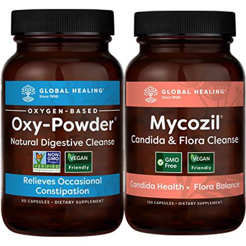 Global Healing Mycozil & Oxy-Powder Kit - Vegan Supplement Support Detox Of Candida & Harmful Organisms For Gut Health and Natural, Oxygen Based Colon Cleanser of Intestinal Tract - 180 Capsules Total
