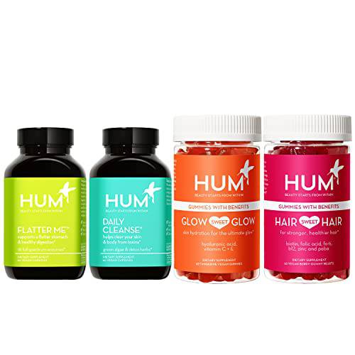 HUM Best Sellers Supplement Bundle - Includes Flatter Me, Daily Cleanse, Hair Sweet Hair and Glow Sweet Glow - Supplements and Gummies for Gut Health, Hair and Skin Health (4-Piece Set)