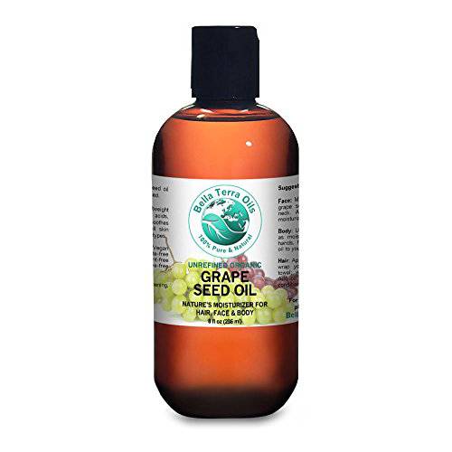 Bella Terra Oils Grape Seed Oil 8 oz 100% Pure Cold-pressed Unrefined Organic Face & Hair Moisturizer
