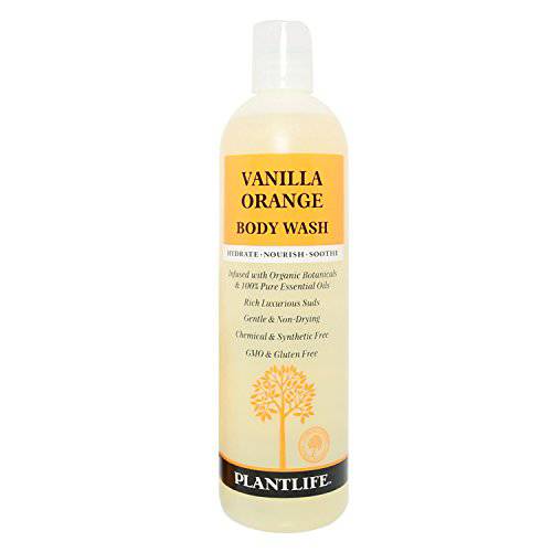 Plantlife Moisturizing Body Wash and Shower Gel Cleanser with Natural Ingredients - for Dry & Sensitive Skin - Scented with Premium Essential Oils - Vanilla Orange - 14 oz