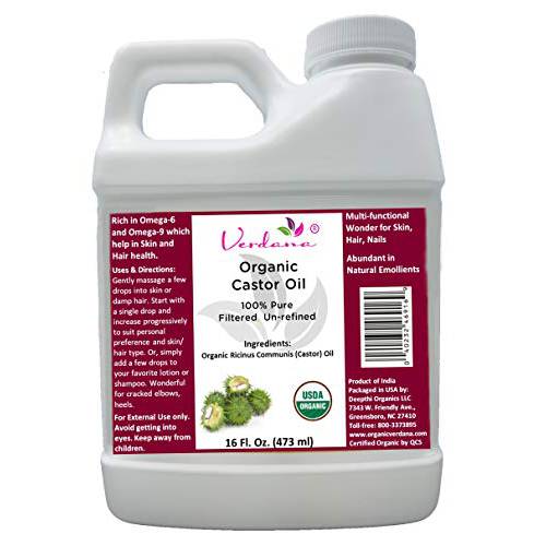 Verdana Organic Castor Oil – USDA Certified Organic – Cold Pressed, Unrefined, 100% Pure and Hexane Free - 16 Fl Oz