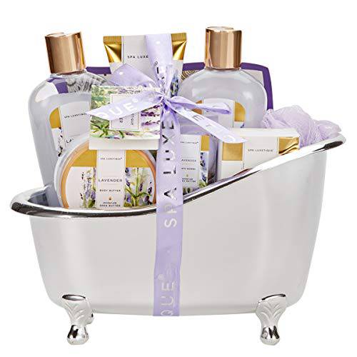 Bath Baskets for Women Gift, Home Spa Gift Basket for Women, Spa Luxetique Lavender Spa Set with Body Lotion, Bath Salt, Bath Bombs, Relaxation Bath Gifts for Women, Christmas Birthday Gift Baskets