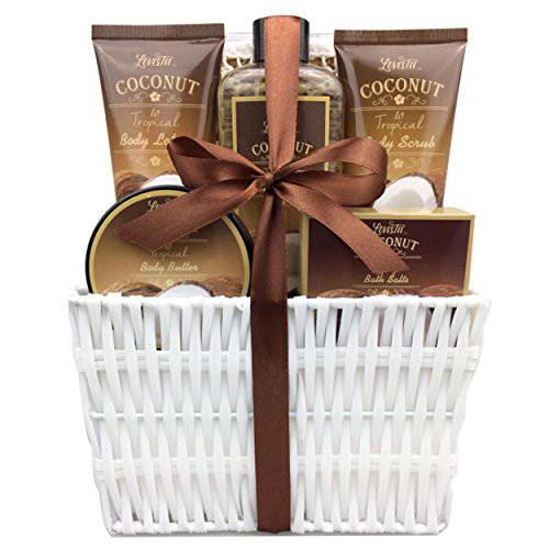 Spa Gift Baskets Bath and Body Set with Refreshing Coconut Fragrance Lovestee - Bath and Body Gift Set Includes Shower Gel Body Lotion Body Scrub Body Butter Bath Salt and Loofah Back Scrubbed