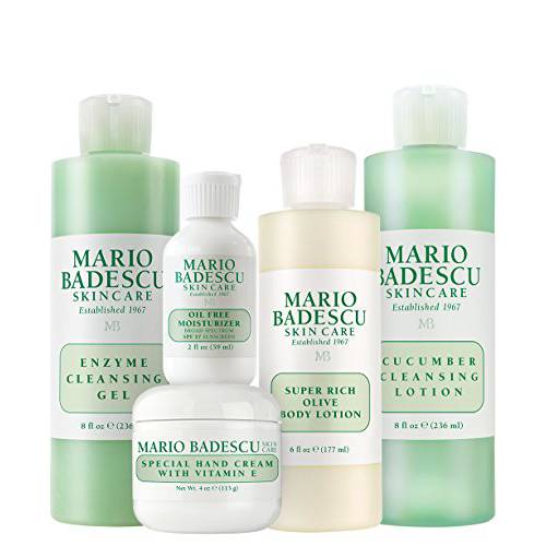 Mario Badescu MB Favorites Collection Stocking Stuffers Christmas Gift Set - SPF 17 Moisturizer, Enzyme Cleansing Gel, Cucumber Cleansing Lotion, Hand Cream, Body Lotion, Cosmetic bag & Compact mirror