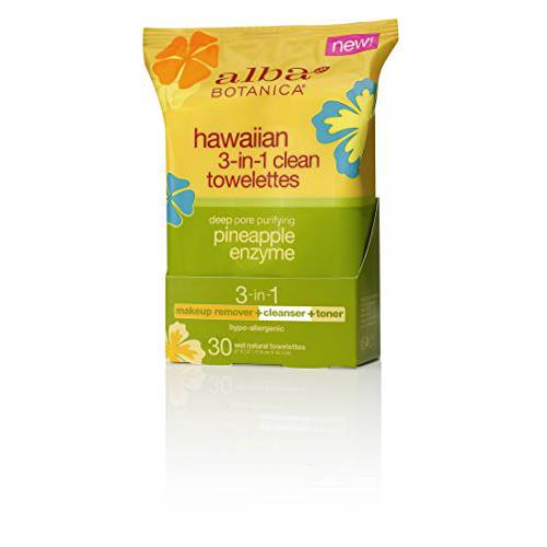Alba Botanica Hawaiian 3 In 1 Clean Towelettes Deep Pore Purifying Enzyme, Pineapple, 25 Count (Packaging May Vary)