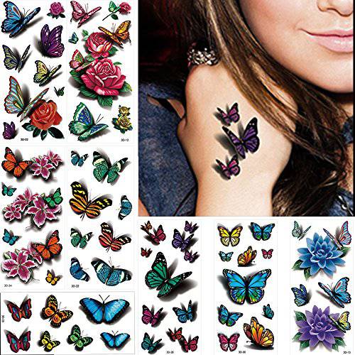 Glaryyears 3D Butterfly Tattoos for Women Girls, 8-Pack Floral Design Variety Pack Fake Tattoos Sticker, DIY Long-lasting Realistic Tattoos that look real, Sexy for Body Chest Hand Decal Arm Leg