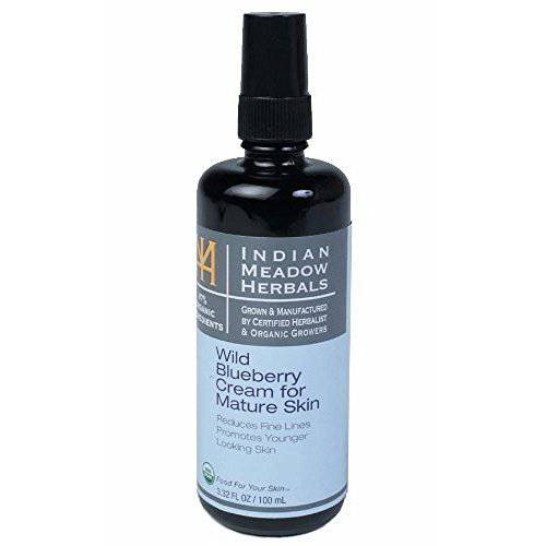 Indian Meadow Herbals Wild Blueberry Cream for mature skin, 1.66oz, 95% USDA Certified Organic, Helps reduce fine lines. Gluten-Free.