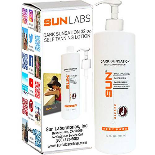 Sun Laboratories Dark Sunsation Self-Tanning Lotion for Body and Face - Sunless Tan Golden Glow - Very Dark - 32 fl oz Bottle