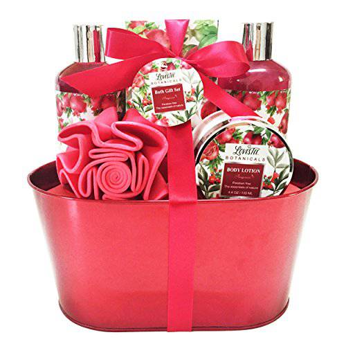 Spa Gift Basket – Bath and Body Set for Women/Girls - Pomegranate Fragrance, Bath Gift Basket Includes Shower Gel, Bubble Bath, Body Lotion, Bath Salt and Bath Puff