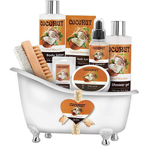 Valentine’s Day Relaxing Spa Gift Baskets For Women- Bath and Body Gift Set for mom Coconut Spa Kit includes Bath Bombs, Message Oil, Body Scrub, Bath Salt, Body Lotion, Shower Gel and Scrub Brush