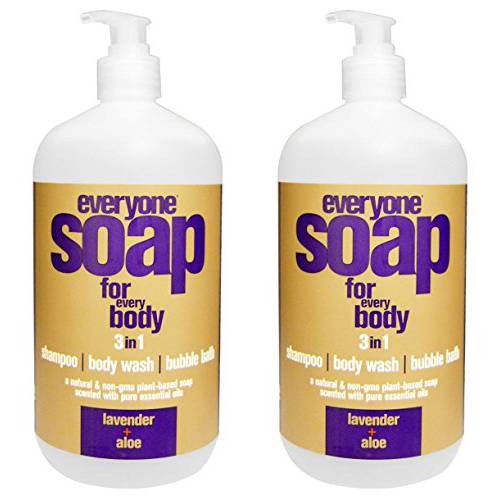 Everyone 3-in-1 Soap, Body Wash, Bubble Bath, Shampoo, 32 Ounce (Pack of 2), Lavender and Aloe, Coconut Cleanser with Organic Plant Extracts and Pure Essential Oils