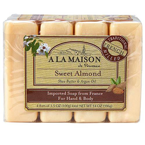 A LA MAISON Sweet Almond Bar Soap - Triple French Milled Natural Moisturizing Hand Soap Bar (4 Bars of Soap, 3.5 oz)