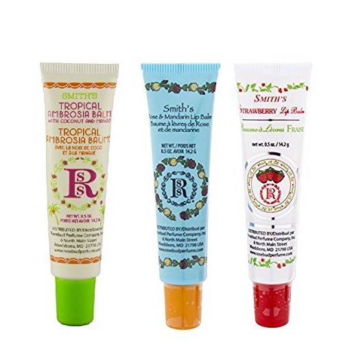Rosebud Perfume Co. Tube 3 Pack: Tropical Ambrosia Balm, Rose & Mandarin Lip Balm, Strawberry Lip Balm