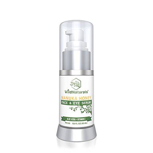 Wild Naturals Anti Aging Serum : With Manuka Honey + Vitamin C + Hyaluronic Acid + Aloe Vera, Facial Moisturizer Reduces Fine Lines, Wrinkles, Dark Circles and Puffy Eyes, For Face, Neck + Decollete