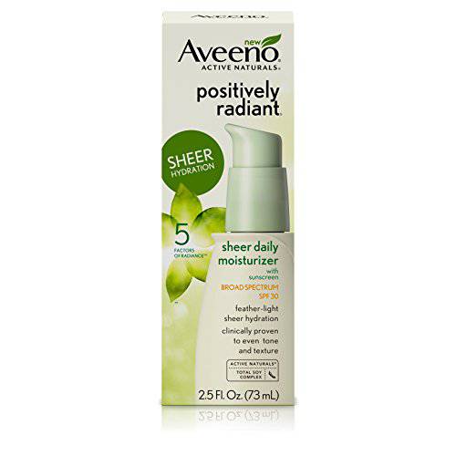 Aveeno Positively Radiant Sheer Daily Moisturizing Lotion for Dry Skin with Total Soy Complex and SPF 30 Sunscreen, Oil-Free and Non-Comedogenic, 2.5 fl. oz