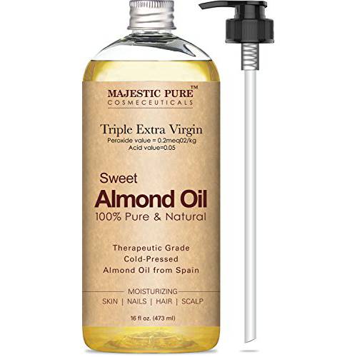 MAJESTIC PURE Sweet Almond Oil, Triple A Grade Quality, Pure and Natural from Spain, Cold Pressed, (Packaging May Vary) - 16 fl. Oz