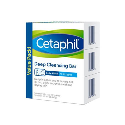 Cetaphil Deep Cleansing Face & Body Bar for All Skin Types, 3 Count
