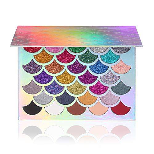 The Original Mermaid Glitter Eyeshadow Palette (32 Colors) - 21 Pressed Glitters, 6 Shimmery & 5 Matte Shades - Highly Pigmented - Waterproof & Long-Lasting (Mermaid)