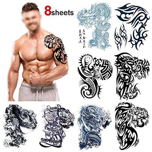 Konsait Large Temporary Tattoos Half Arm Chest Tattoo Men Tribal Totem Tattoo Make up Body Art Sticker for Halloween Party Supplies Beach Pool Party Favor Decor Dress up Costume Accessories(8Sheets)