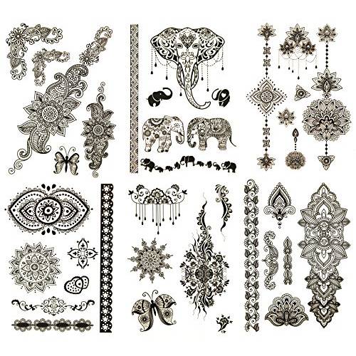 Terra Tattoos Black Mehndi Inspired Temporary Tattoos 50+ Henna Designs Flowers, Elephants, Mandalas Waterproof Nontoxic Long Lasting Perfect for Beach, Festivals, & more