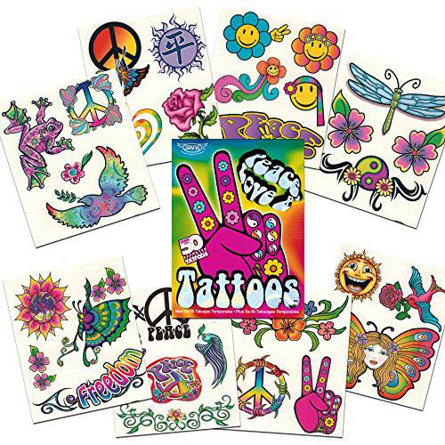 Hippie Temporary Tattoos Party Favor and Costume Set (50 Love and Peace Sign Temporary Tattoos)