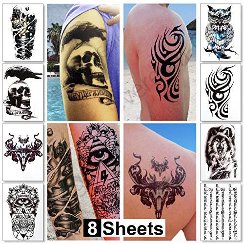 Temporary Tattoos For Men Guys Boys & Teens - Fake Half Arm Tattoos Sleeves For Arms Shoulders Chest Back Legs Wolf Owl Sanskrit Ram Skull Crow Cyborg Realistic Waterproof Transfers 8 Sheets 8x6