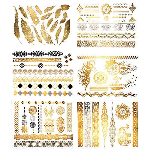 Terra Tattoos Gold Metallic Temporary Tats 75+ Boho Henna Designs Feathers, Tribal, Elephants - Waterproof Nontoxic Long Lasting Perfect for Beach, Festivals, & more
