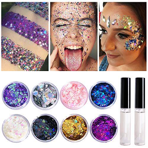 8 Jars of Cosmetic Chunky Glitter Shimmer Body Face Hair Eye Musical Festival Carnival Dance Halloween Party Beauty Makeup Temporary Tattoos Multicolored (80g/2.82oz) + Quick Dry Glitter Glue(10ml)