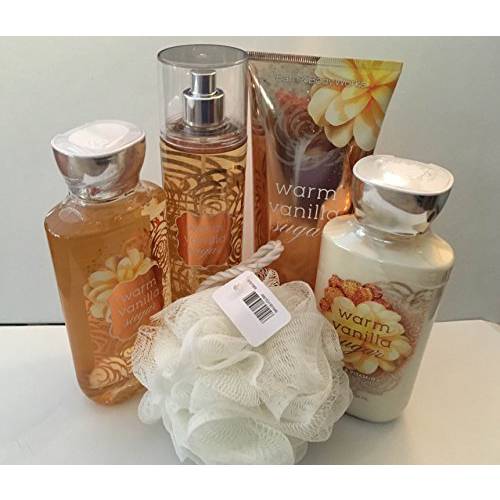 Bath & Body Woks Warm Vanilla Sugar 5 Piece Gift Set~Full Size Cream, Lotion, Shower Gel, Fragrance Mist & Shower Sponge(packaging may vary).