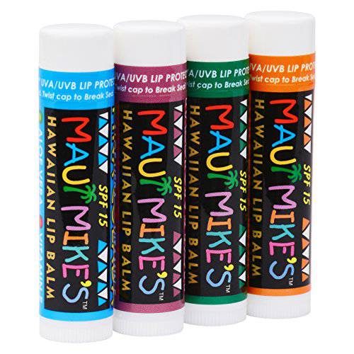 MAUI MIKE’S BEST LIP BALM WITH (SPF15) ASSORTED (4 PACK).PASSION FRUIT,ORANGE, SURFER’S MINT AND PINA COLADA. BEST TASTING LIP BALM EVER.