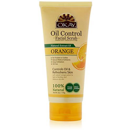 OKAY | Orange Facial Scrub | For Oil Control | Deeply Exfoliates Skin | With Natural Walnut Exfoliants | Free of Paraben, Sulfate, Alcohol | 6 oz