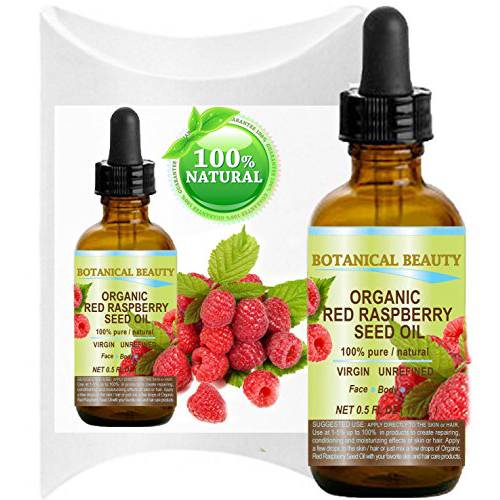 Botanical Beauty Red Raspberry Seed Oil Organic. 100% Pure / Natural / Undiluted / Virgin / Unrefined Cold Pressed Carrier Oil. 0.5 Fl.oz.-15 ml. For Skin, Hair, Lip And Nail Care. One Of The Highest Anti-Oxidant, Rich In Vitamin A And E, Omega 3, 6 And 9 Essential Fatty Acids.